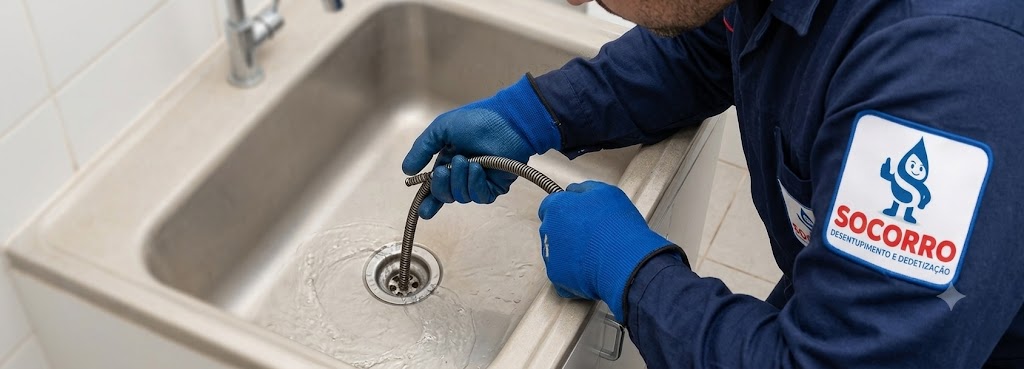 Profissional realizando Desentupimento de Esgoto, Pias, Ralos e Vasos Sanitários em Timbó