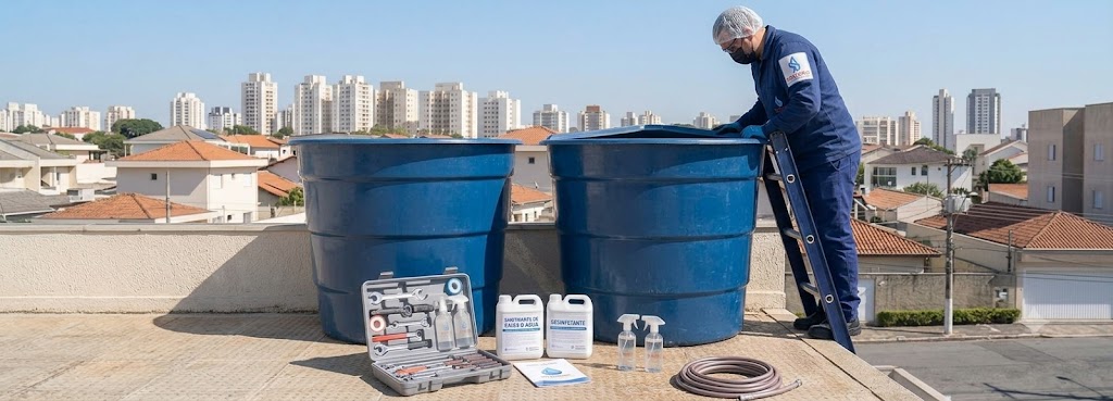 Profissional realizando Imunização e Desinfecção Bacteriológica de Caixas D'água em Timbó
